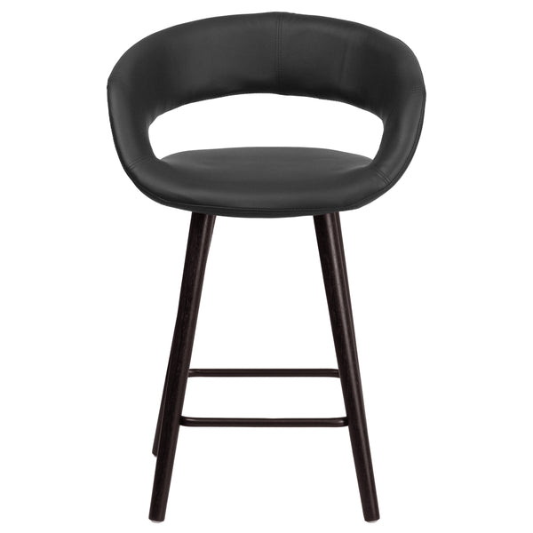 Black |#| 24inch High Cappuccino Wood Rounded Open Back Counter Height Stool in Black Vinyl
