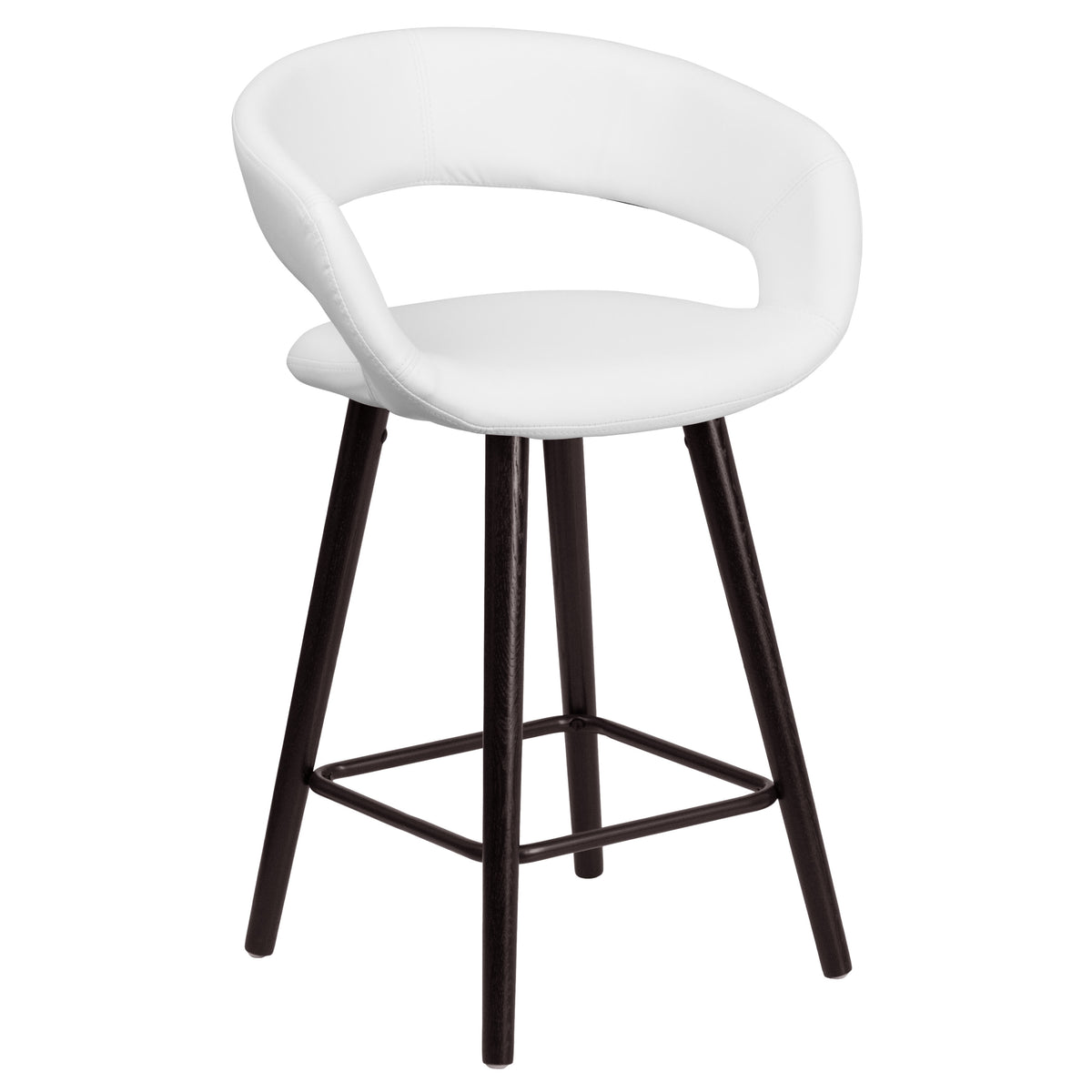 White |#| 24inch High Cappuccino Wood Rounded Open Back Counter Height Stool in White Vinyl