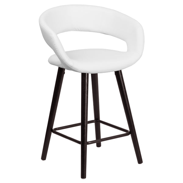 White |#| 24inch High Cappuccino Wood Rounded Open Back Counter Height Stool in White Vinyl