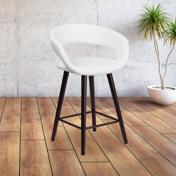White |#| 24inch High Cappuccino Wood Rounded Open Back Counter Height Stool in White Vinyl