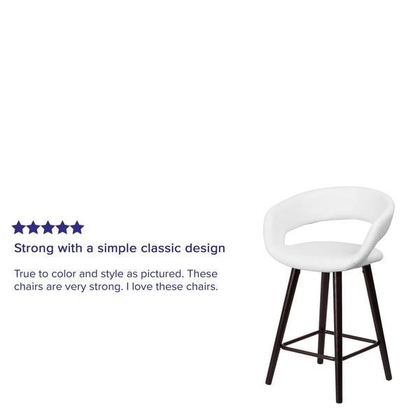 White |#| 24inch High Cappuccino Wood Rounded Open Back Counter Height Stool in White Vinyl