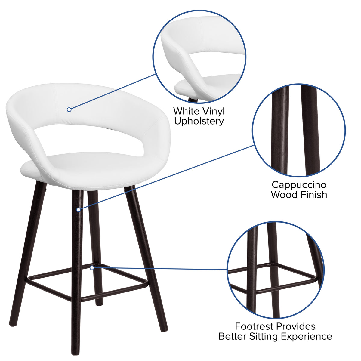 White |#| 24inch High Cappuccino Wood Rounded Open Back Counter Height Stool in White Vinyl
