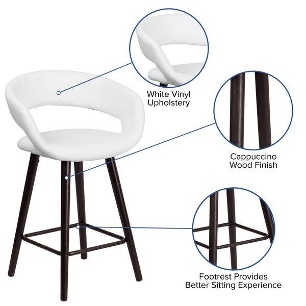 White |#| 24inch High Cappuccino Wood Rounded Open Back Counter Height Stool in White Vinyl