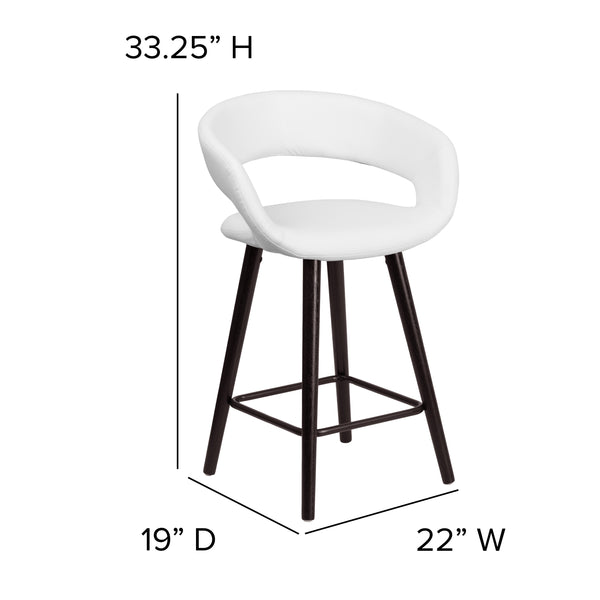 White |#| 24inch High Cappuccino Wood Rounded Open Back Counter Height Stool in White Vinyl