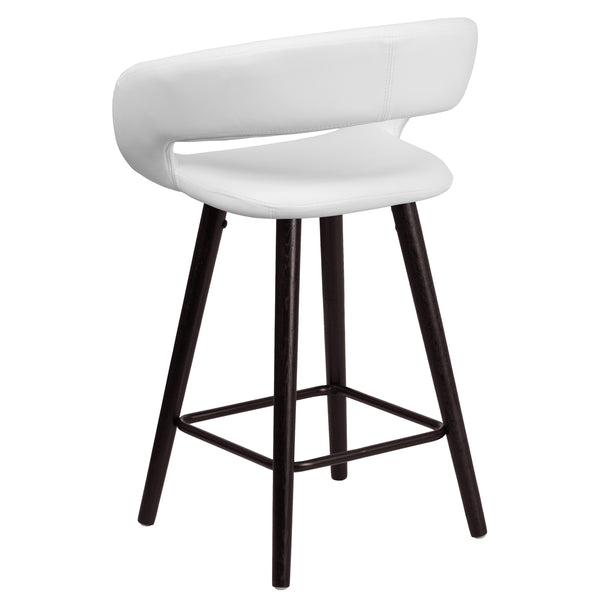 White |#| 24inch High Cappuccino Wood Rounded Open Back Counter Height Stool in White Vinyl