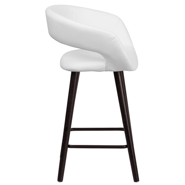 White |#| 24inch High Cappuccino Wood Rounded Open Back Counter Height Stool in White Vinyl