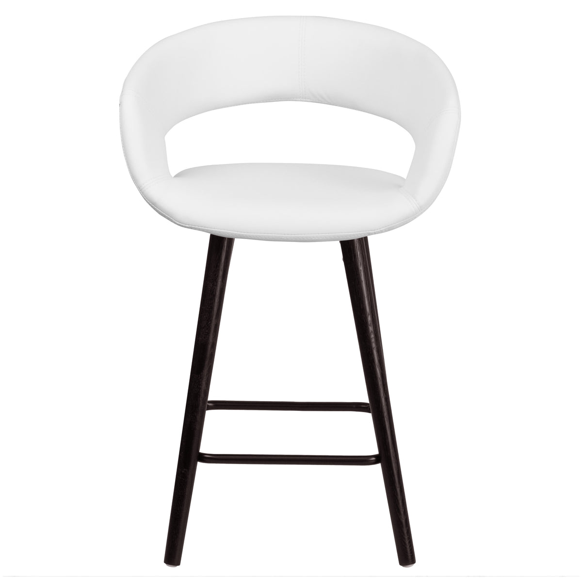White |#| 24inch High Cappuccino Wood Rounded Open Back Counter Height Stool in White Vinyl