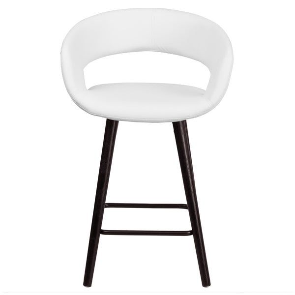 White |#| 24inch High Cappuccino Wood Rounded Open Back Counter Height Stool in White Vinyl