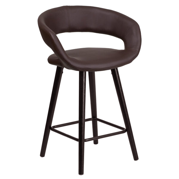 Brown |#| 24inch High Cappuccino Wood Rounded Open Back Counter Height Stool in Brown Vinyl