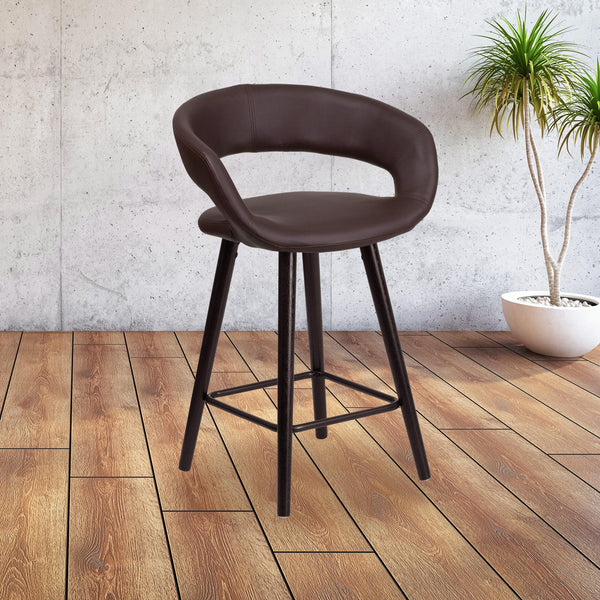 Brown |#| 24inch High Cappuccino Wood Rounded Open Back Counter Height Stool in Brown Vinyl