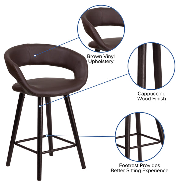 Brown |#| 24inch High Cappuccino Wood Rounded Open Back Counter Height Stool in Brown Vinyl