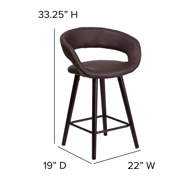 Brown |#| 24inch High Cappuccino Wood Rounded Open Back Counter Height Stool in Brown Vinyl