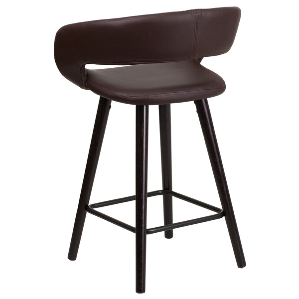 Brown |#| 24inch High Cappuccino Wood Rounded Open Back Counter Height Stool in Brown Vinyl