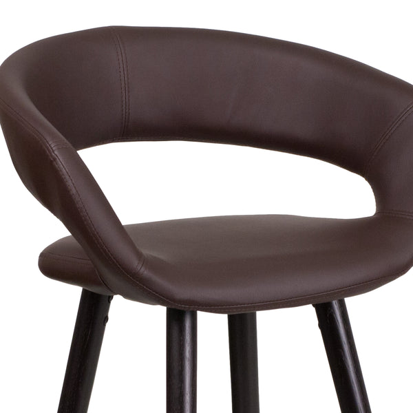 Brown |#| 24inch High Cappuccino Wood Rounded Open Back Counter Height Stool in Brown Vinyl