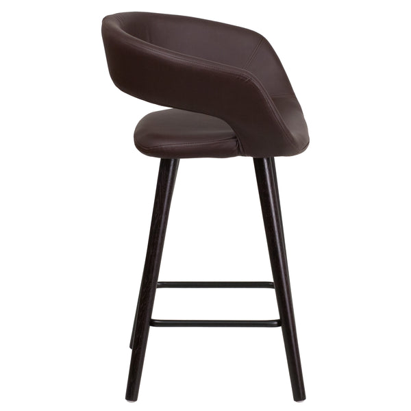 Brown |#| 24inch High Cappuccino Wood Rounded Open Back Counter Height Stool in Brown Vinyl
