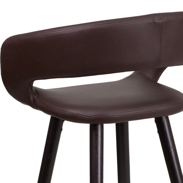 Brown |#| 24inch High Cappuccino Wood Rounded Open Back Counter Height Stool in Brown Vinyl