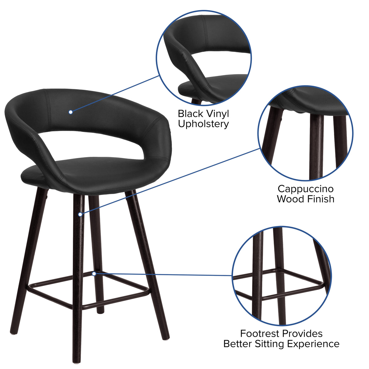 Black |#| 24inch High Cappuccino Wood Rounded Open Back Counter Height Stool in Black Vinyl