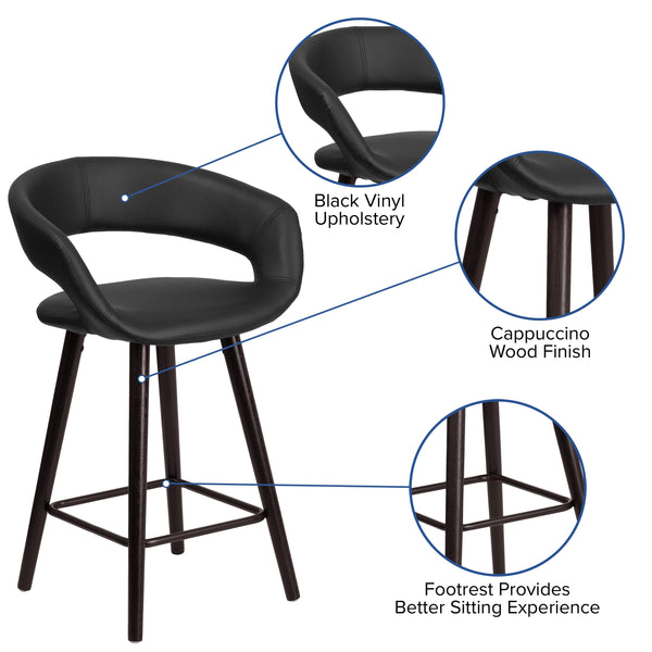 Black |#| 24inch High Cappuccino Wood Rounded Open Back Counter Height Stool in Black Vinyl