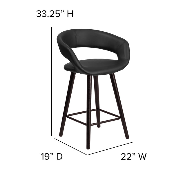 Black |#| 24inch High Cappuccino Wood Rounded Open Back Counter Height Stool in Black Vinyl