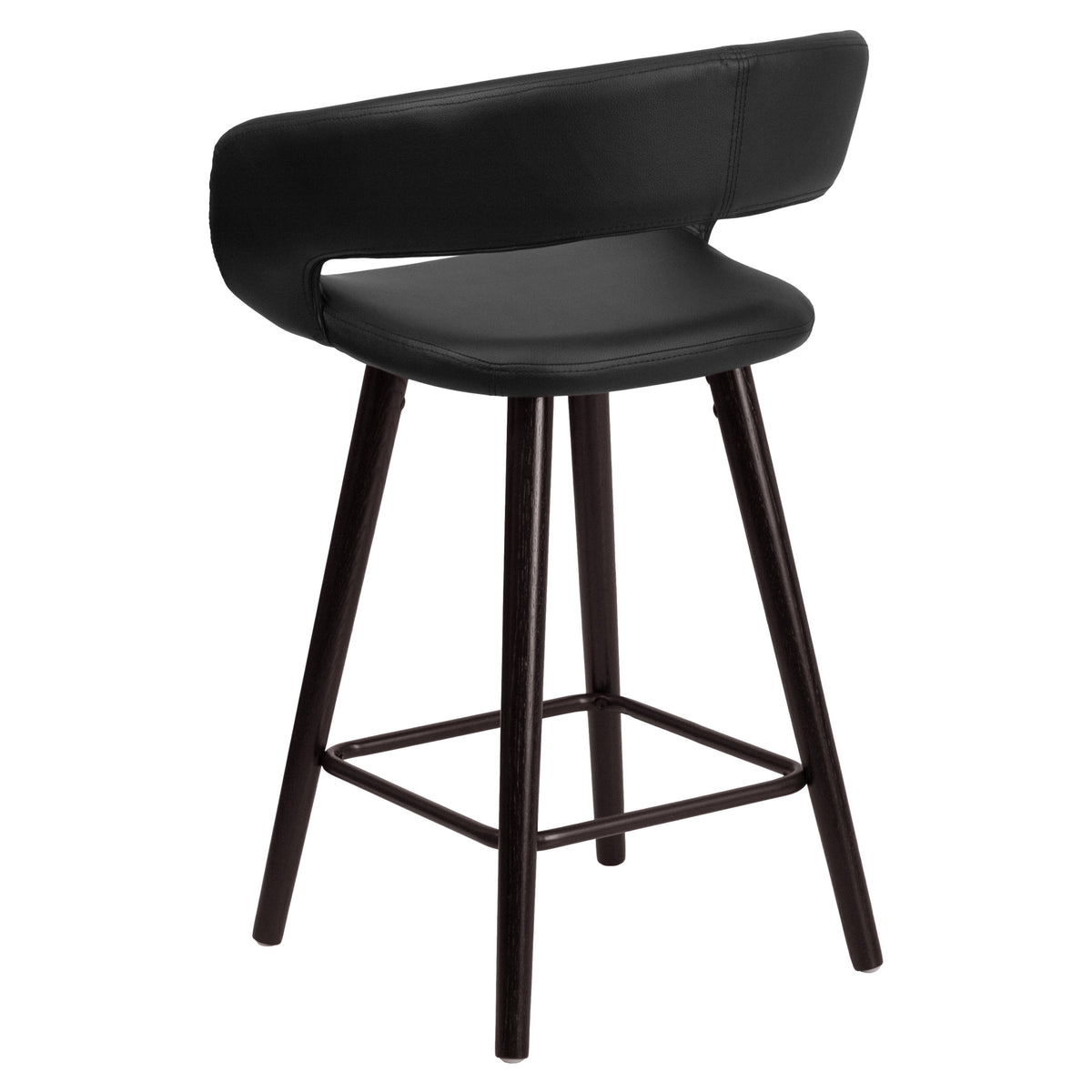Black |#| 24inch High Cappuccino Wood Rounded Open Back Counter Height Stool in Black Vinyl
