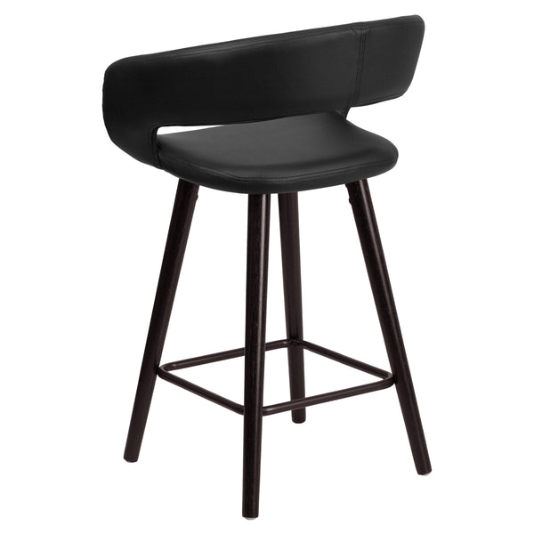Black |#| 24inch High Cappuccino Wood Rounded Open Back Counter Height Stool in Black Vinyl