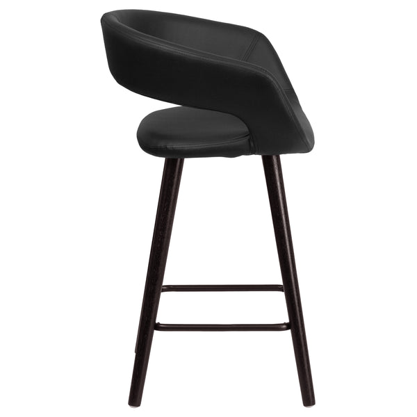 Black |#| 24inch High Cappuccino Wood Rounded Open Back Counter Height Stool in Black Vinyl