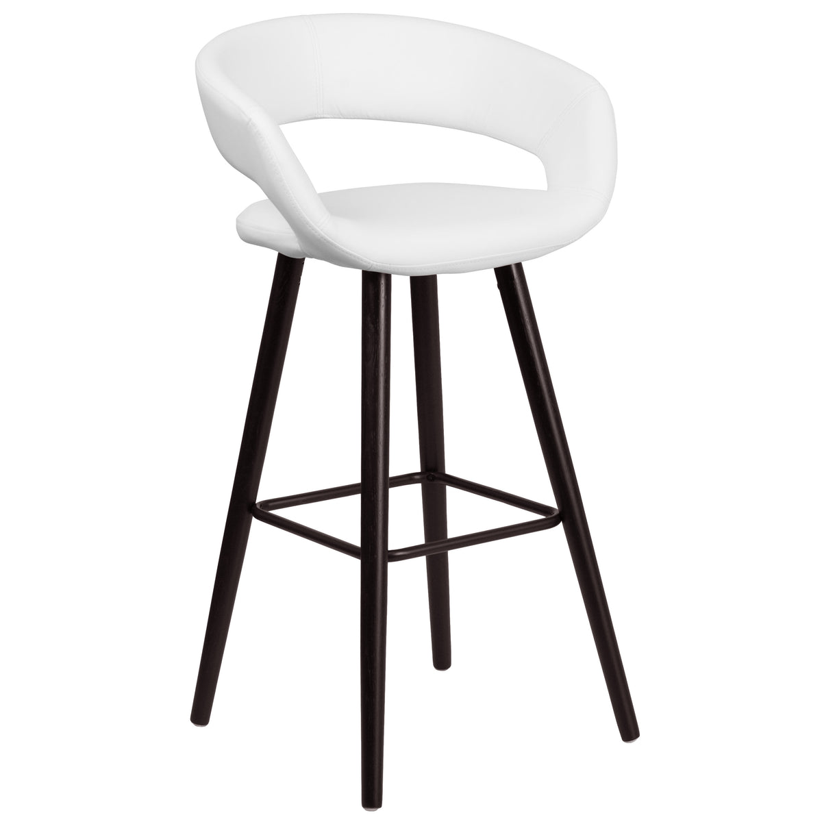 White |#| 29inch High Contemporary Cappuccino Wood Rounded Open Back Barstool in White Vinyl