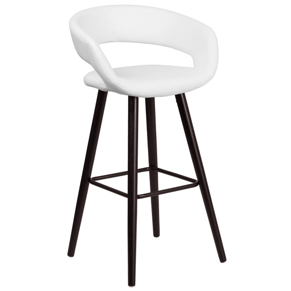 White |#| 29inch High Contemporary Cappuccino Wood Rounded Open Back Barstool in White Vinyl