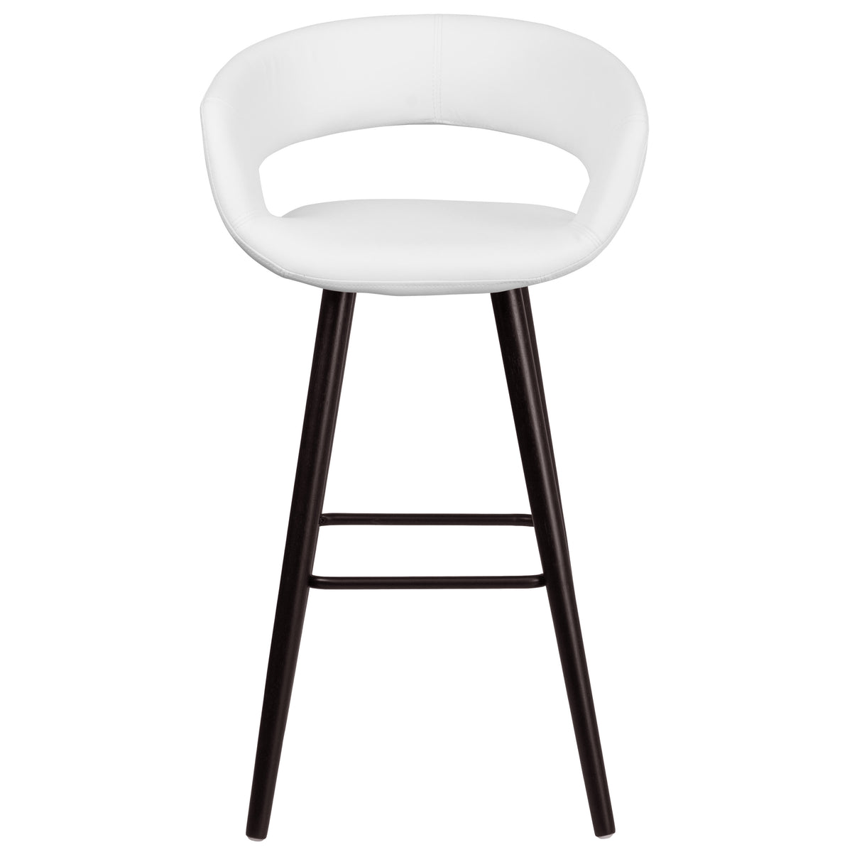 White |#| 29inch High Contemporary Cappuccino Wood Rounded Open Back Barstool in White Vinyl