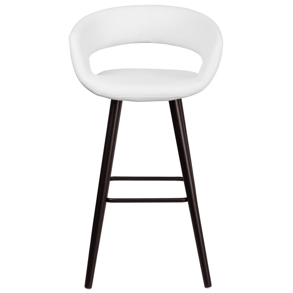 White |#| 29inch High Contemporary Cappuccino Wood Rounded Open Back Barstool in White Vinyl