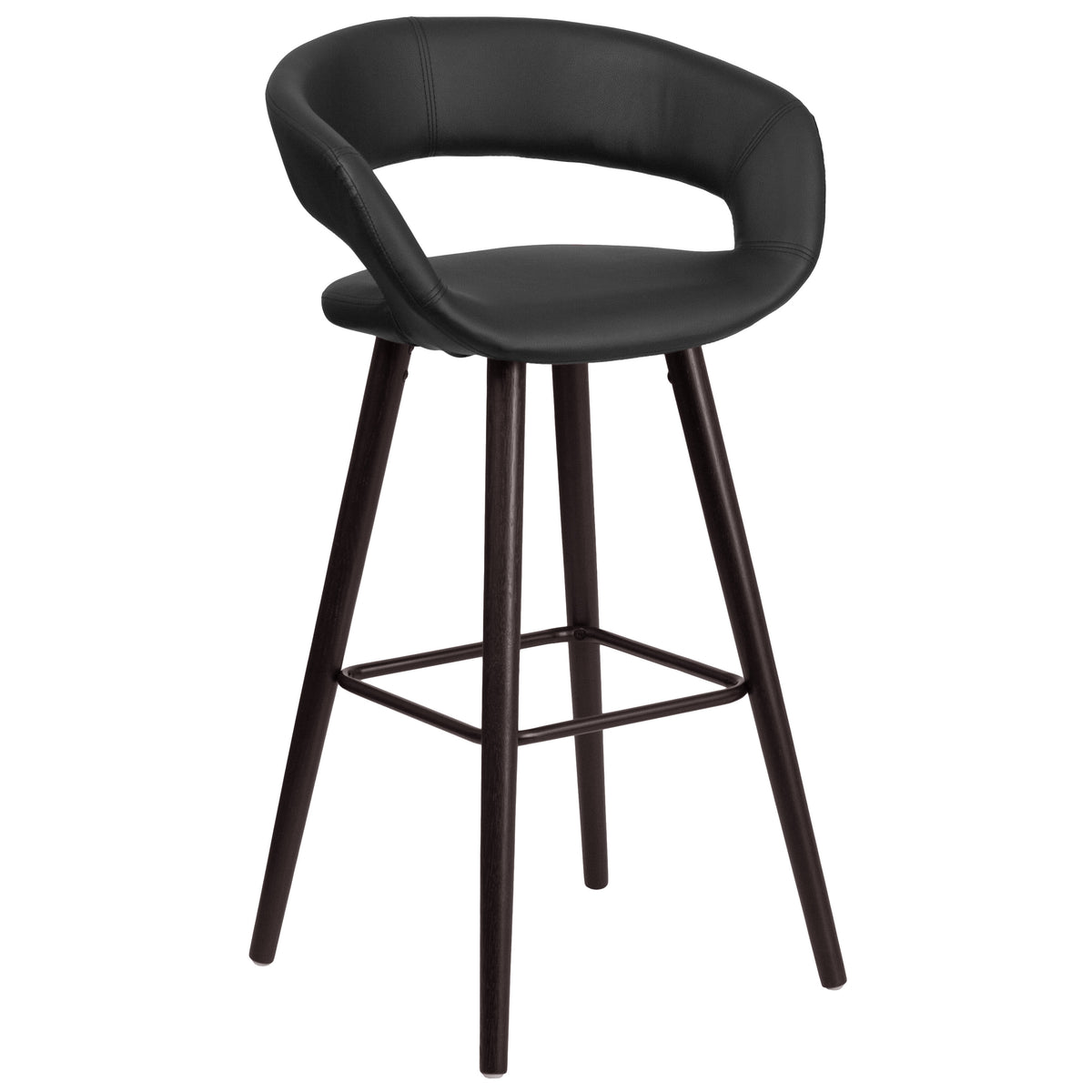 Black |#| 29inch High Contemporary Cappuccino Wood Rounded Open Back Barstool in Black Vinyl