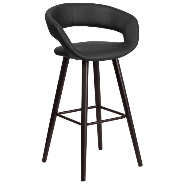 Black |#| 29inch High Contemporary Cappuccino Wood Rounded Open Back Barstool in Black Vinyl