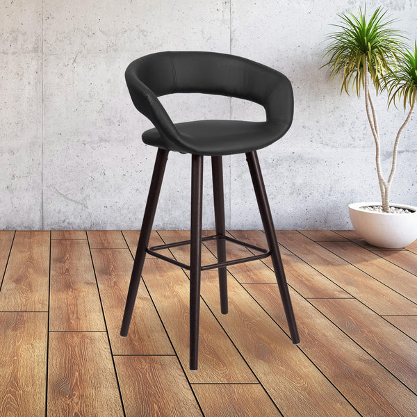 Black |#| 29inch High Contemporary Cappuccino Wood Rounded Open Back Barstool in Black Vinyl