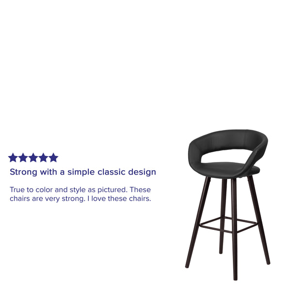 Black |#| 29inch High Contemporary Cappuccino Wood Rounded Open Back Barstool in Black Vinyl