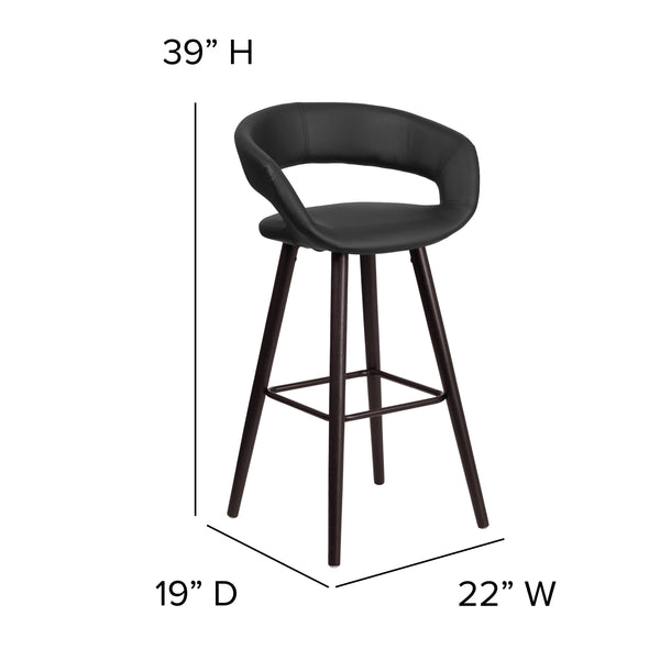 Black |#| 29inch High Contemporary Cappuccino Wood Rounded Open Back Barstool in Black Vinyl