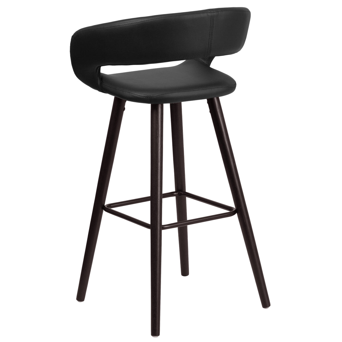 Black |#| 29inch High Contemporary Cappuccino Wood Rounded Open Back Barstool in Black Vinyl