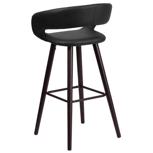 Black |#| 29inch High Contemporary Cappuccino Wood Rounded Open Back Barstool in Black Vinyl