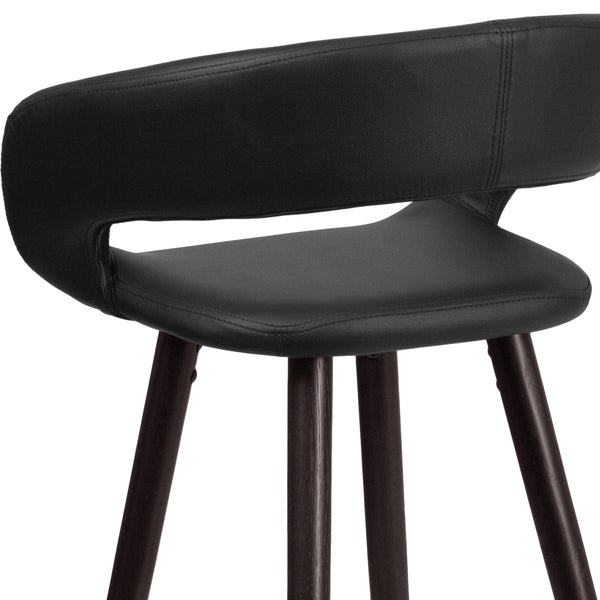 Black |#| 29inch High Contemporary Cappuccino Wood Rounded Open Back Barstool in Black Vinyl