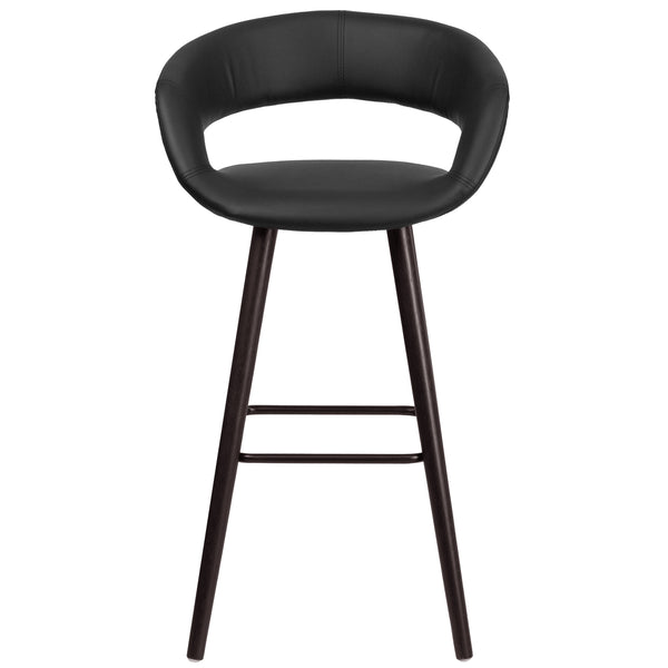 Black |#| 29inch High Contemporary Cappuccino Wood Rounded Open Back Barstool in Black Vinyl