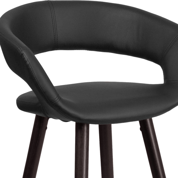 Black |#| 29inch High Contemporary Cappuccino Wood Rounded Open Back Barstool in Black Vinyl
