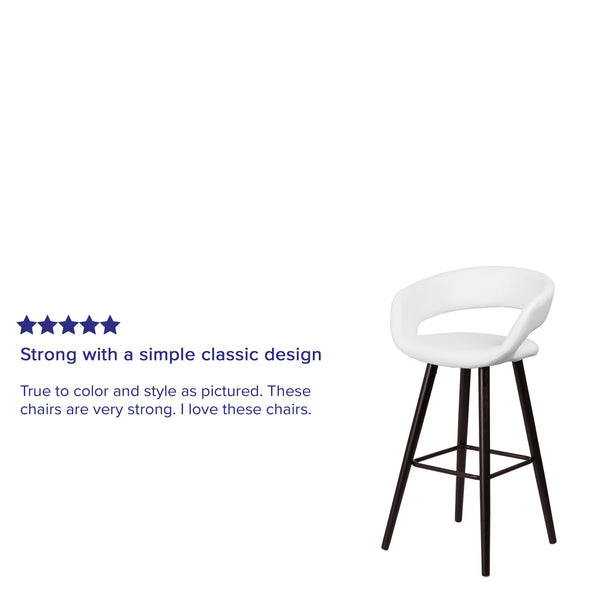 White |#| 29inch High Contemporary Cappuccino Wood Rounded Open Back Barstool in White Vinyl