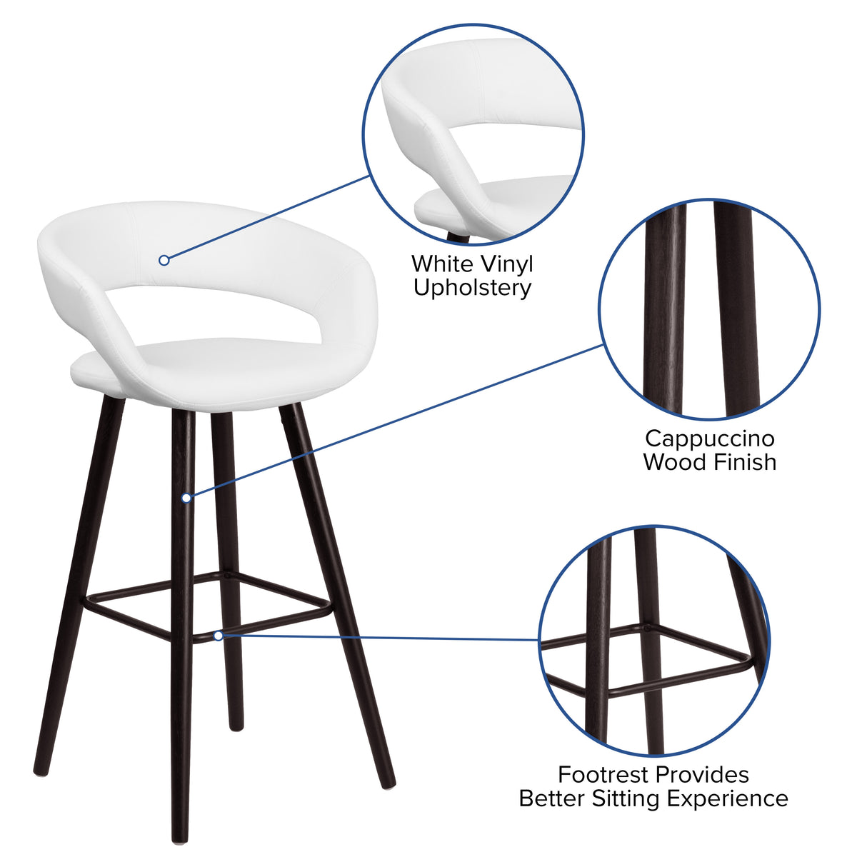 White |#| 29inch High Contemporary Cappuccino Wood Rounded Open Back Barstool in White Vinyl