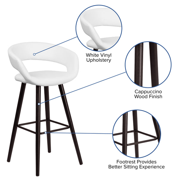 White |#| 29inch High Contemporary Cappuccino Wood Rounded Open Back Barstool in White Vinyl