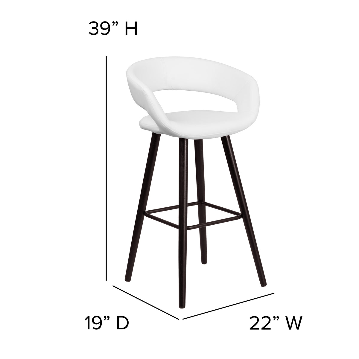 White |#| 29inch High Contemporary Cappuccino Wood Rounded Open Back Barstool in White Vinyl