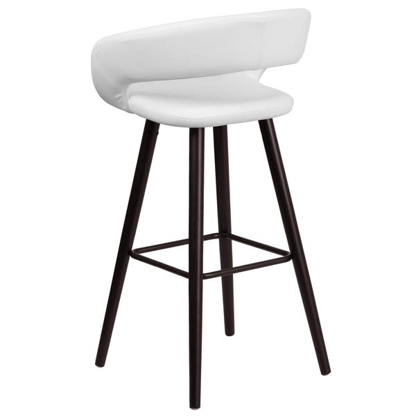White |#| 29inch High Contemporary Cappuccino Wood Rounded Open Back Barstool in White Vinyl