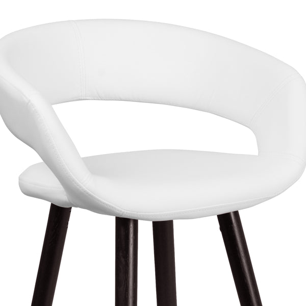 White |#| 29inch High Contemporary Cappuccino Wood Rounded Open Back Barstool in White Vinyl
