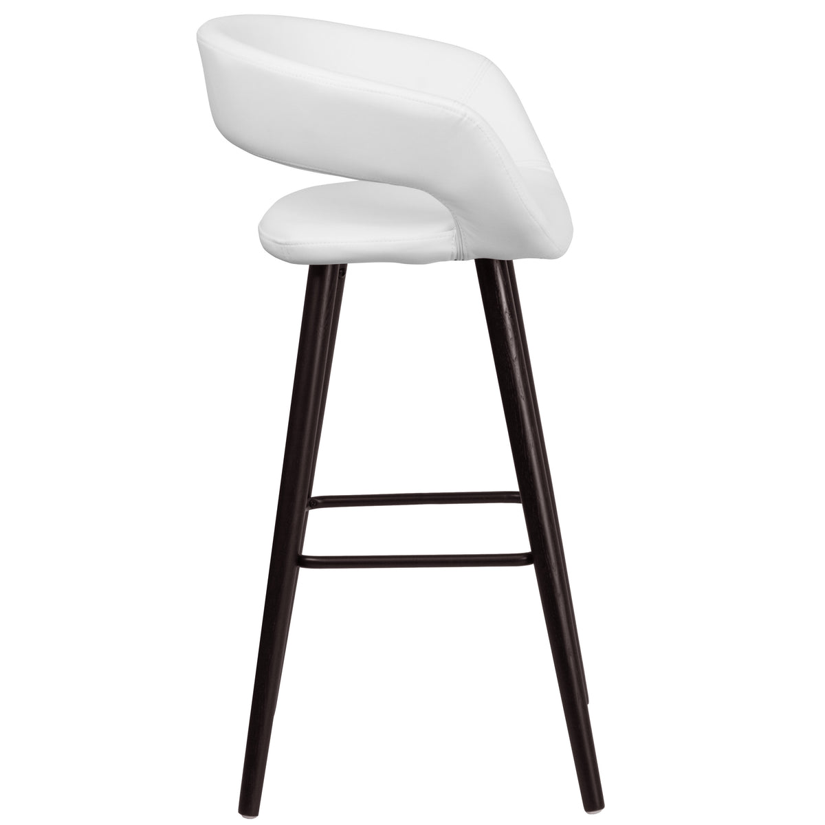 White |#| 29inch High Contemporary Cappuccino Wood Rounded Open Back Barstool in White Vinyl