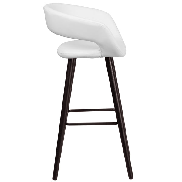 White |#| 29inch High Contemporary Cappuccino Wood Rounded Open Back Barstool in White Vinyl