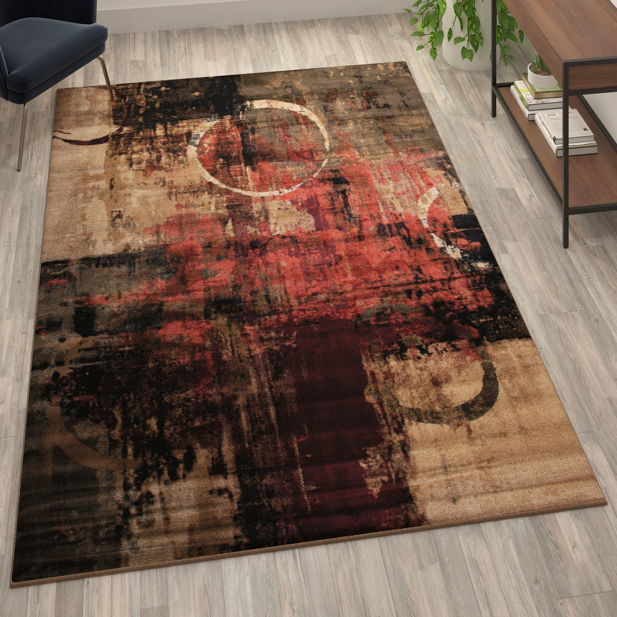 6' x 9' |#| Modern Round Abstract Design Area Rug in Warm Beige, Green, and Red - 6' x 9'