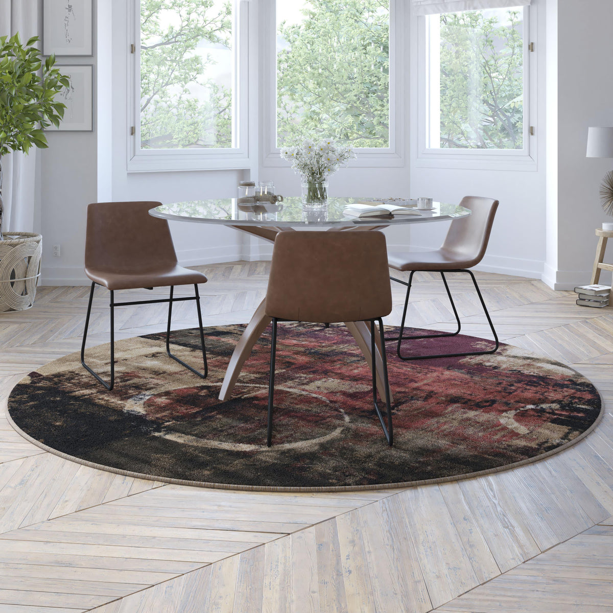 8' Round |#| Modern Round Abstract Design Area Rug in Warm Beige, Green, and Red - 8' x 8'